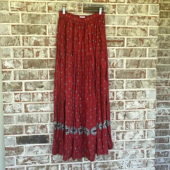 Canadian River Originals Red Vintage Border Gathered Print Maxi Skirt - Picture 1 of 6